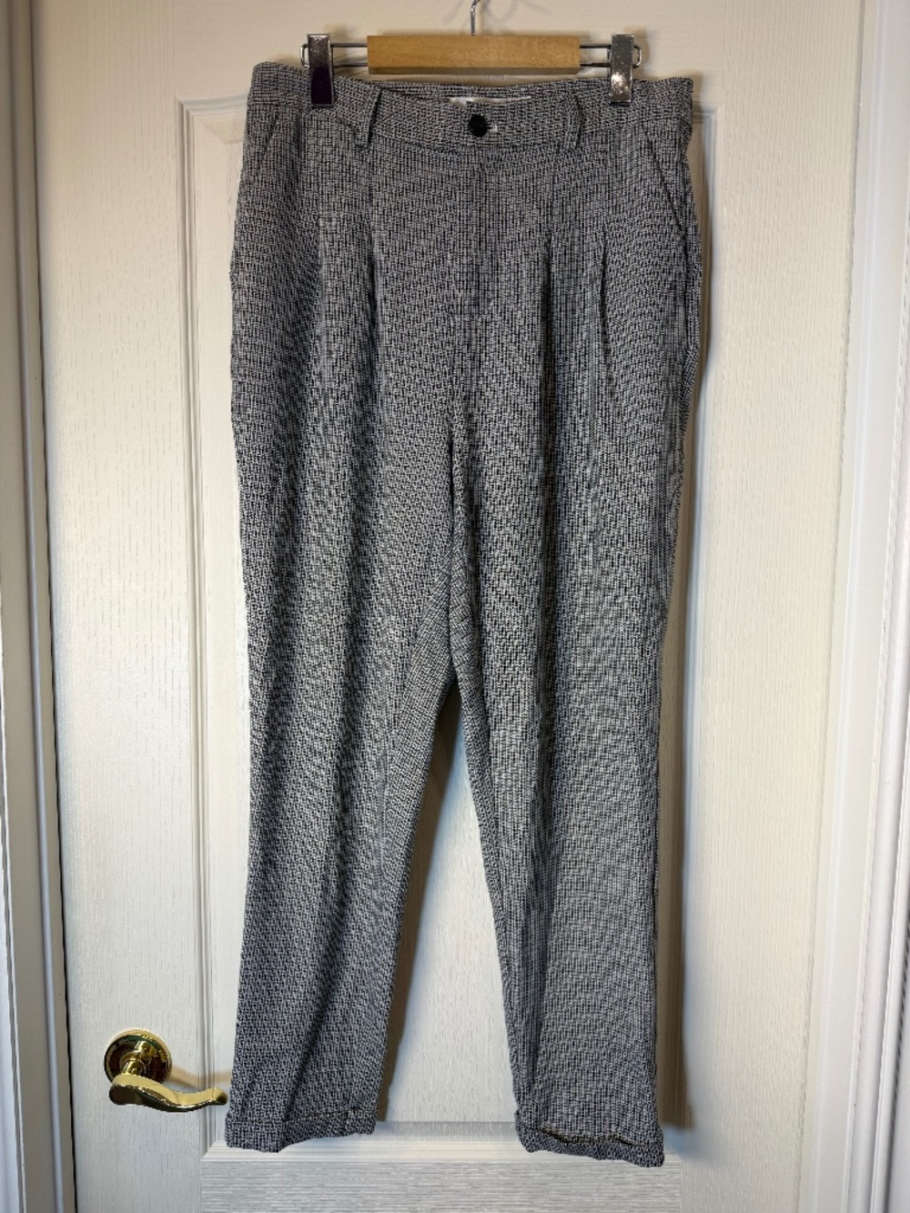 Academia Plaid Pleated Trousers Medium Black Cream Cuffed Tapered Pants Twik